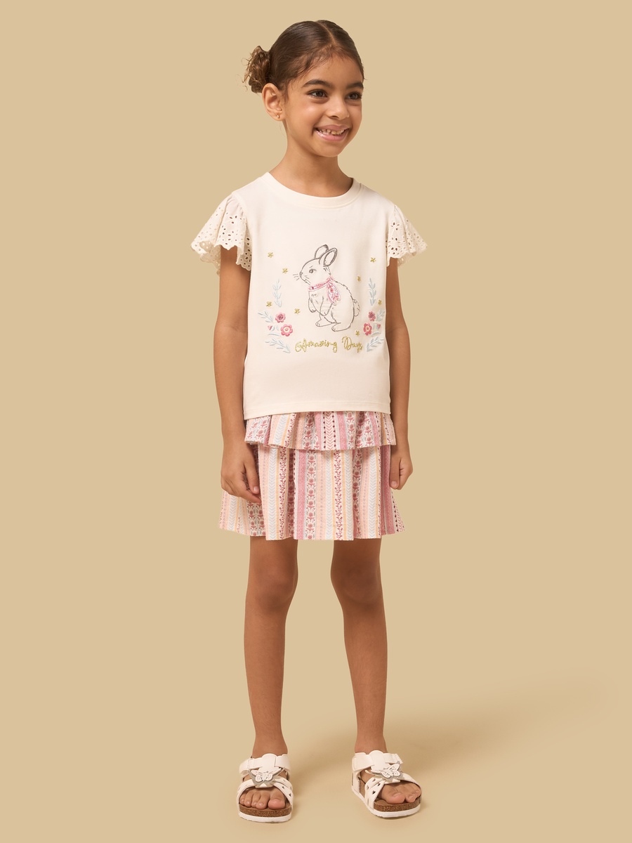 Bunny Embroidered T-Shirt with Schiffli Sleeves