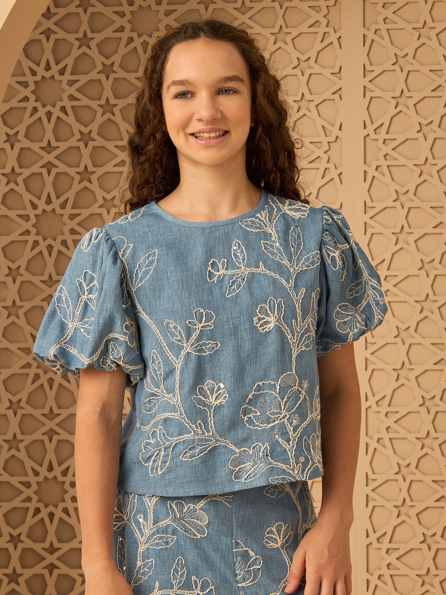 Embroidered Linen Top with Puff Sleeves