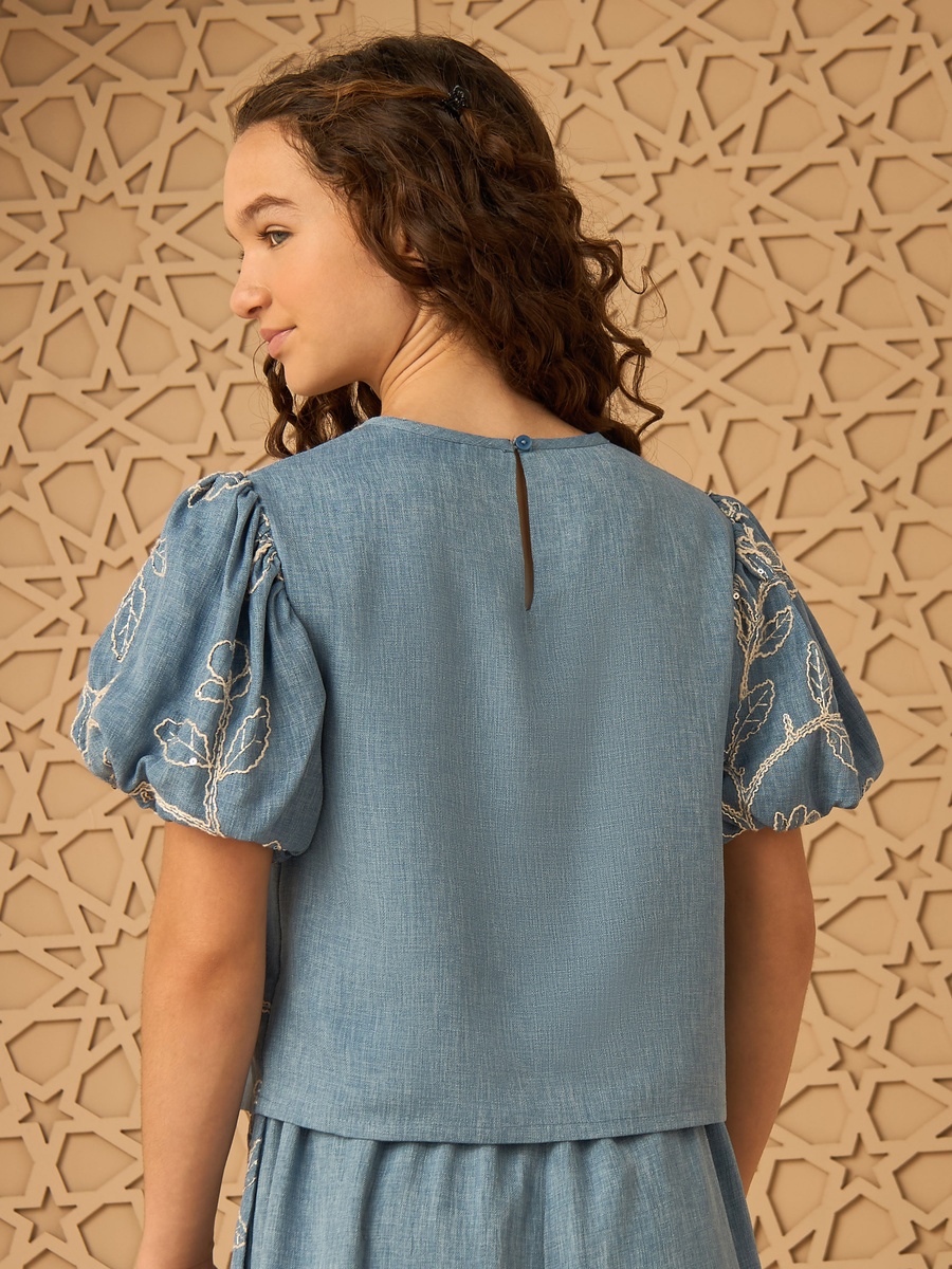 Embroidered Linen Top with Puff Sleeves