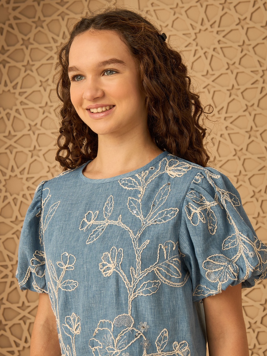 Embroidered Linen Top with Puff Sleeves