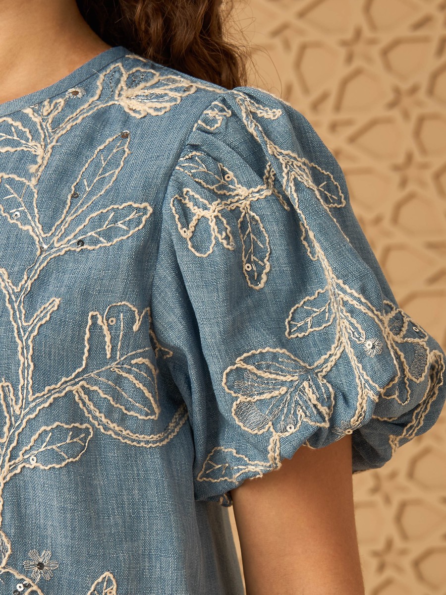 Embroidered Linen Top with Puff Sleeves