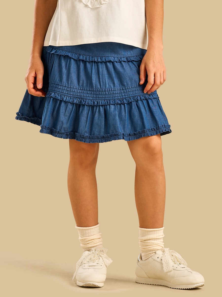Chambray Ruffle Detail Cotton Skirt