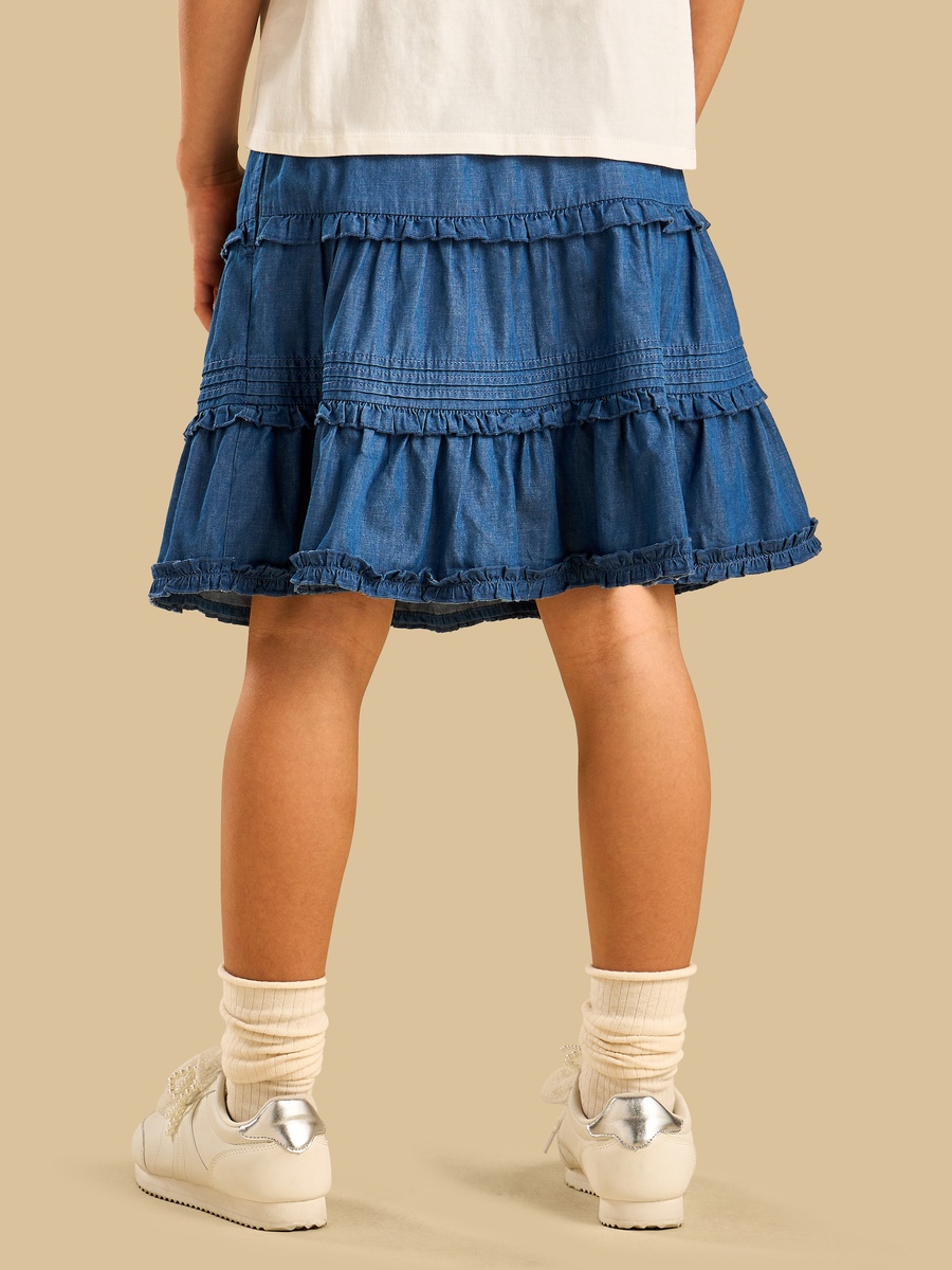 Chambray Ruffle Detail Cotton Skirt