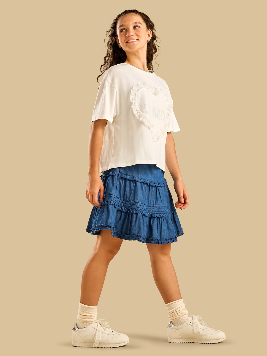 Chambray Ruffle Detail Cotton Skirt