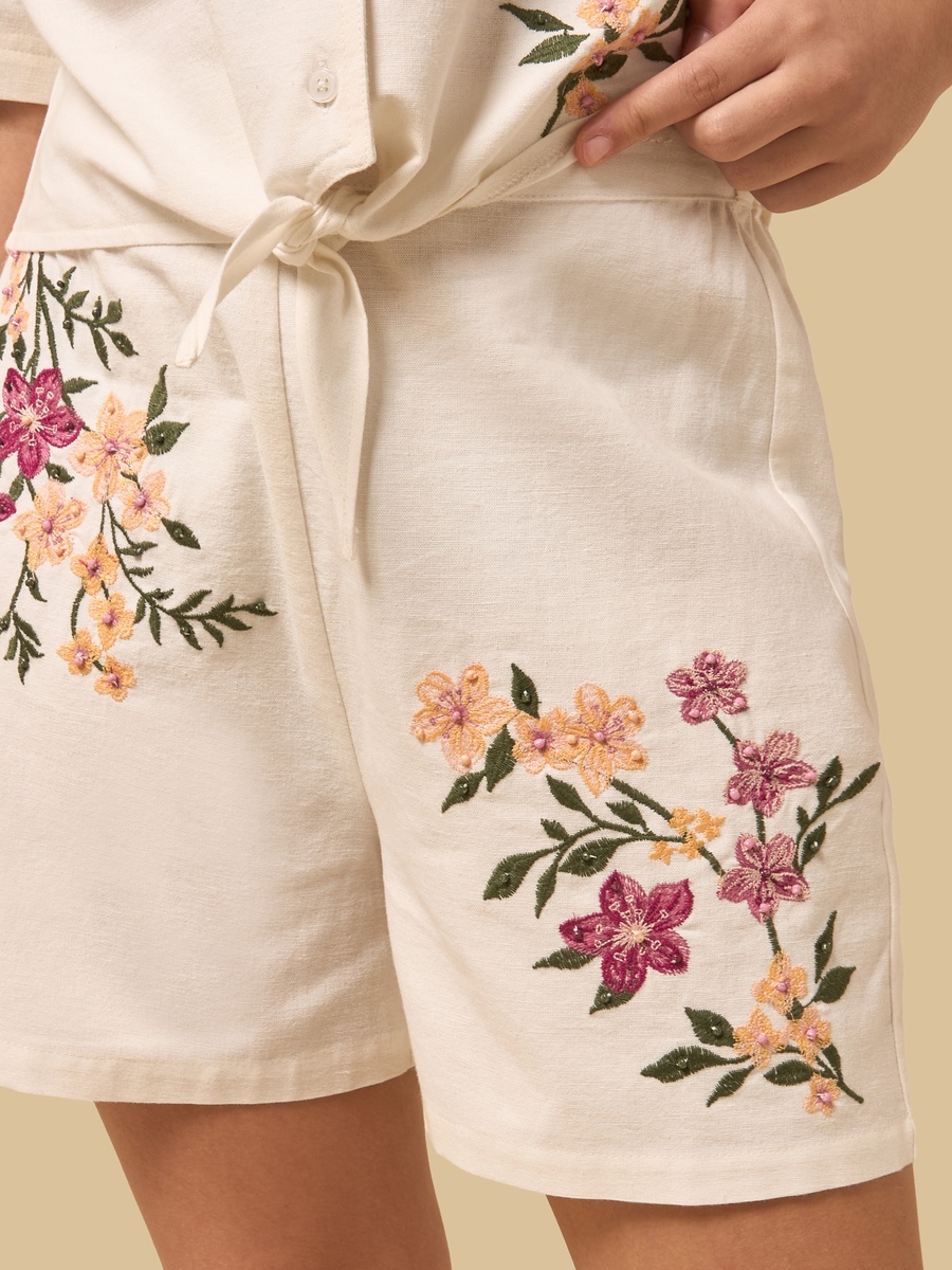 Floral Embroidered Linen Shorts