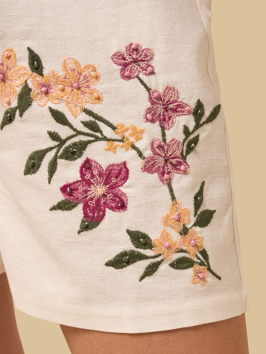 Floral Embroidered Linen Shorts