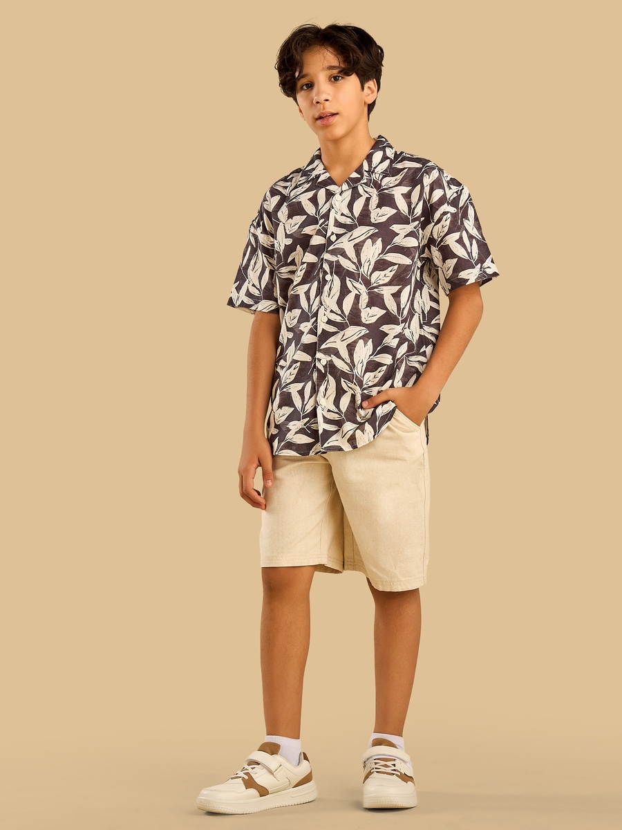 Leaf Print Resort Collar Linen Shirt