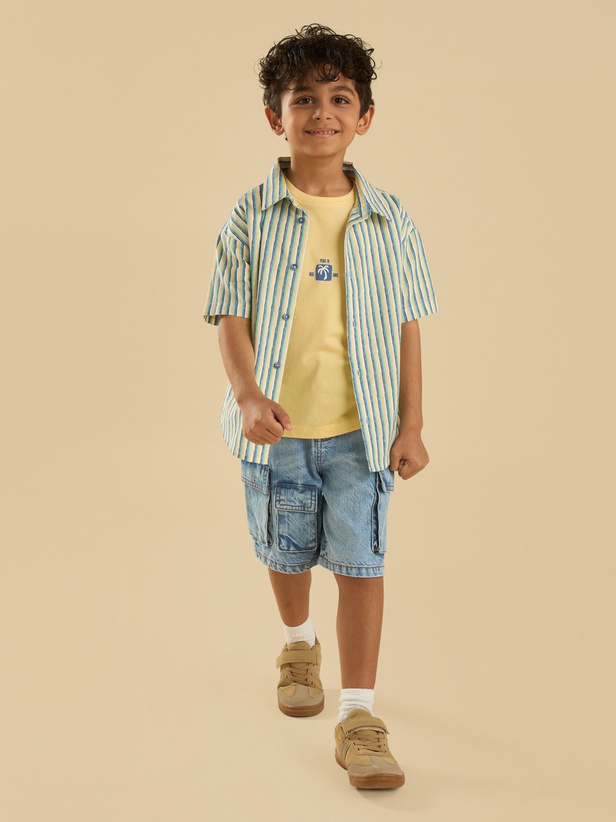 Printed Cotton T-Shirt with Striped Shirt