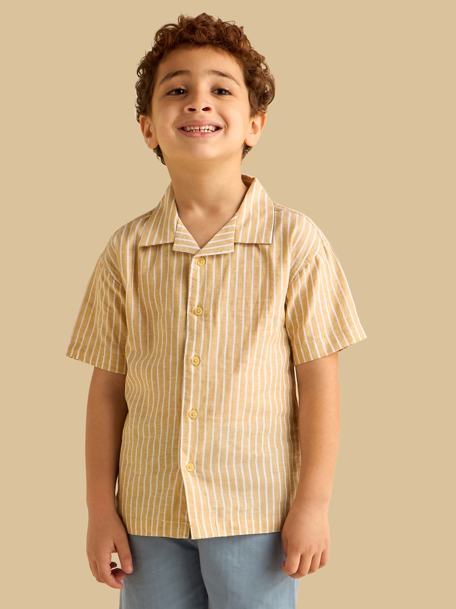 Striped Linen Cotton Shirt with Camp Collar