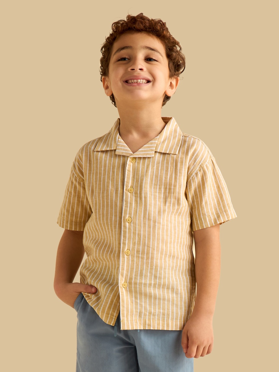 Striped Linen Cotton Shirt with Camp Collar