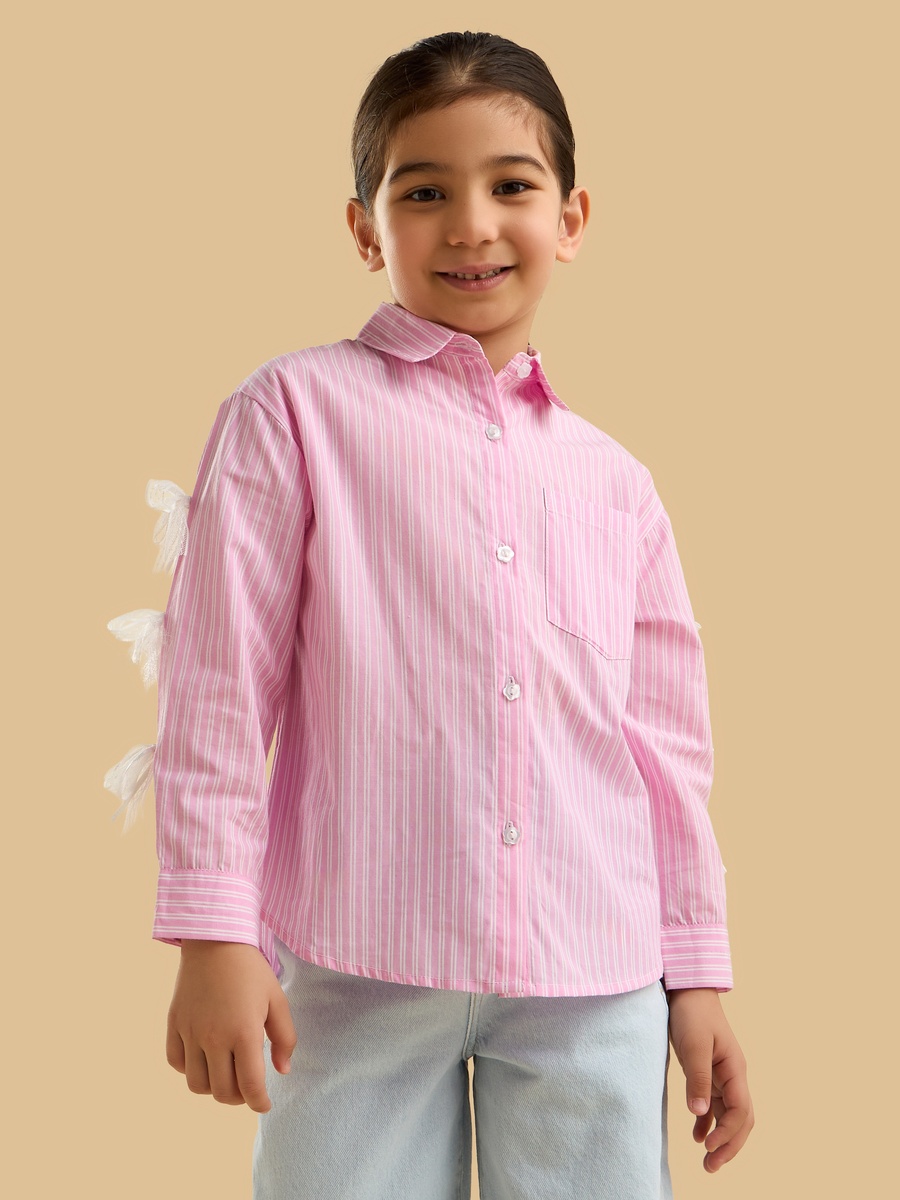 Striped Poplin Cotton Shirt with Lace Bow Detail