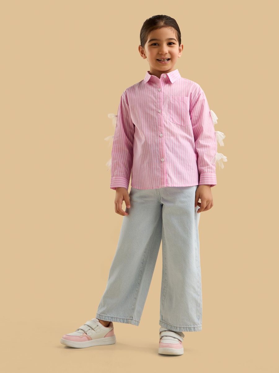 Striped Poplin Cotton Shirt with Lace Bow Detail