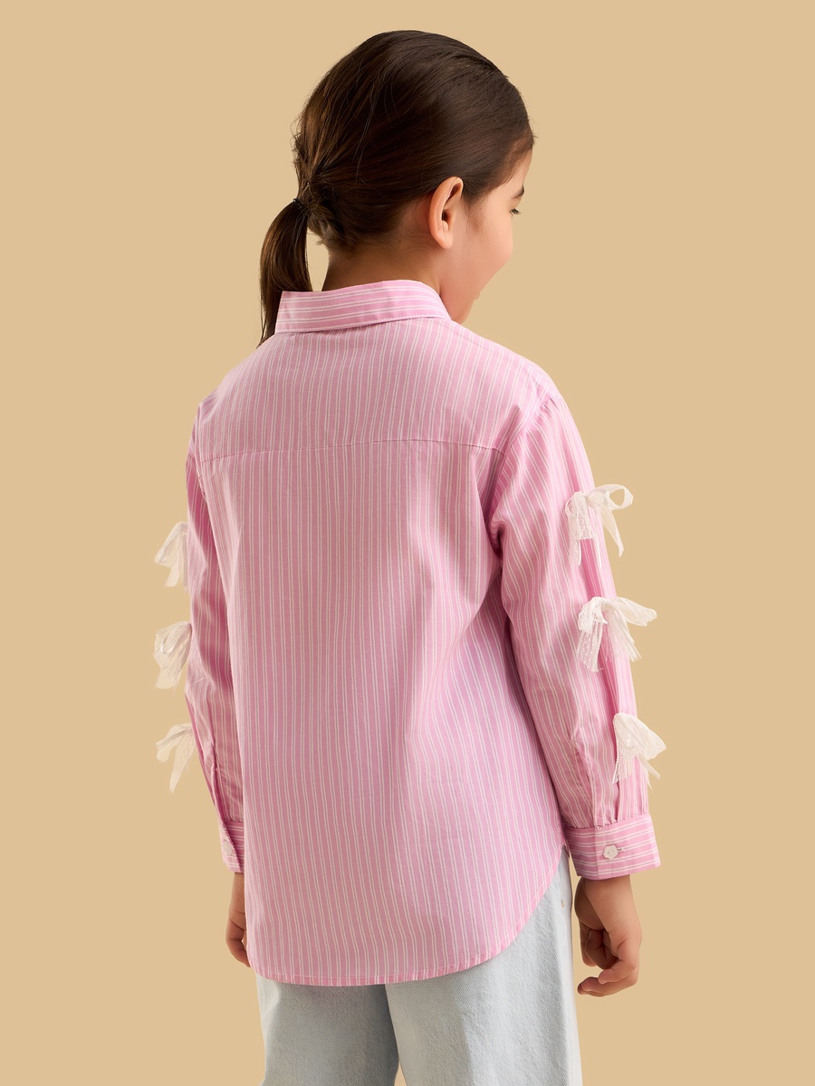 Striped Poplin Cotton Shirt with Lace Bow Detail