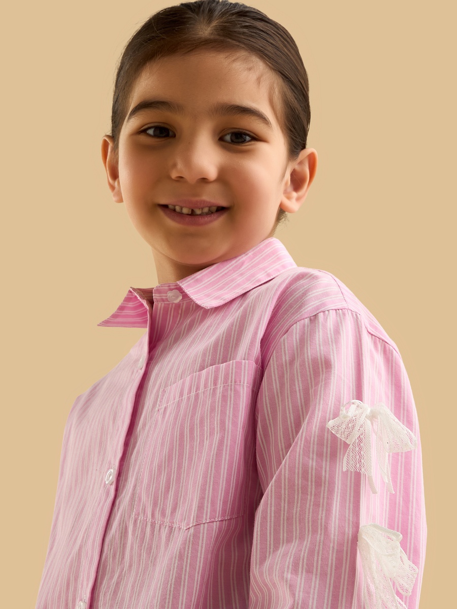 Striped Poplin Cotton Shirt with Lace Bow Detail
