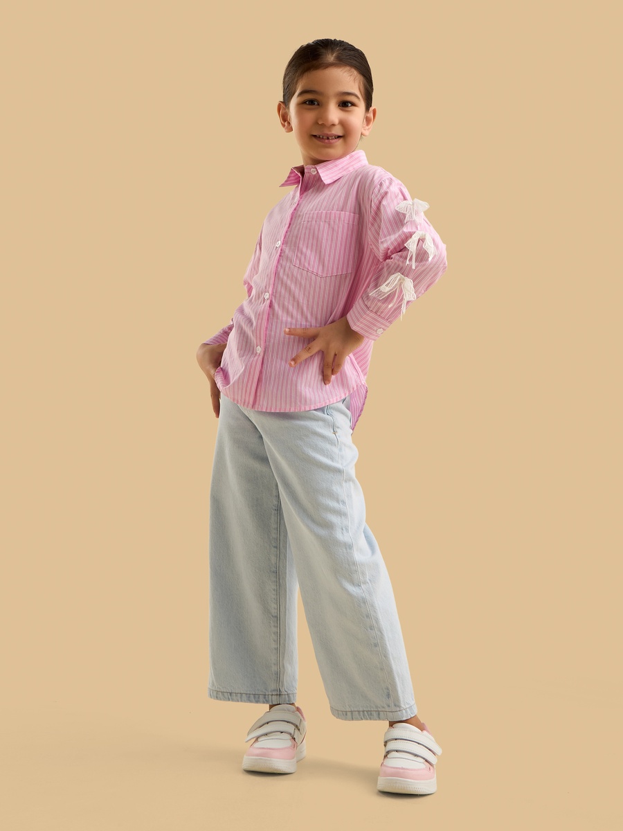 Striped Poplin Cotton Shirt with Lace Bow Detail