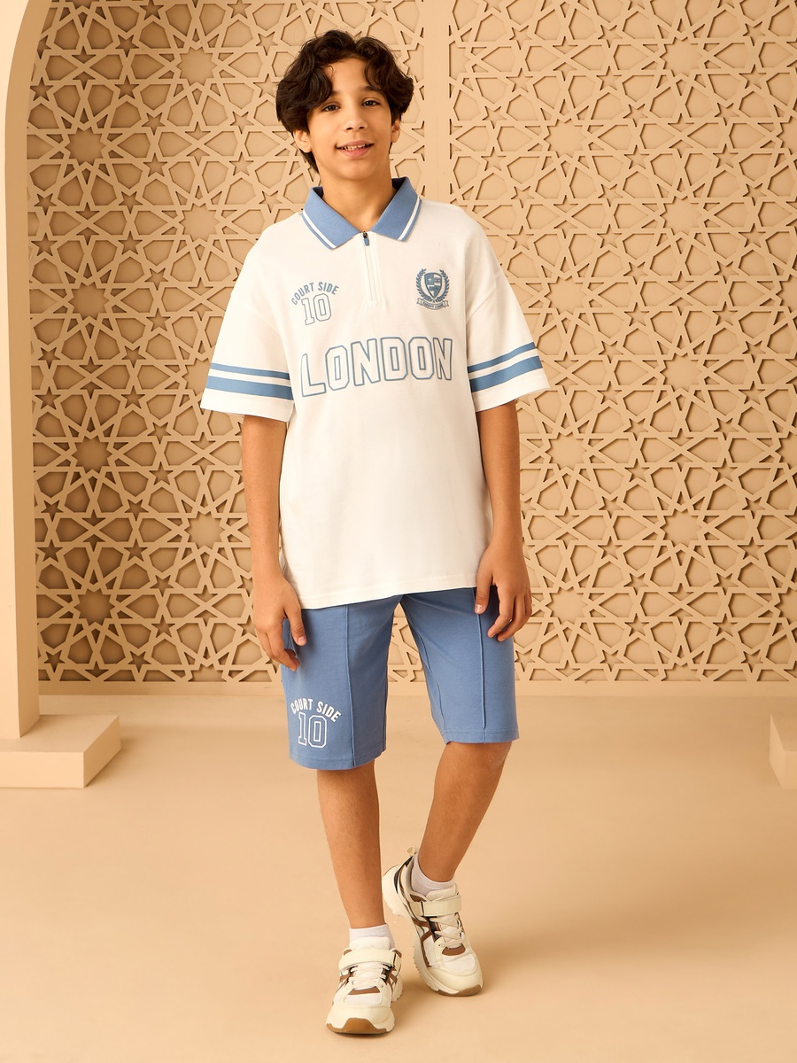 Varsity Print Half-Zip Cotton Polo T-Shirt and Shorts Set
