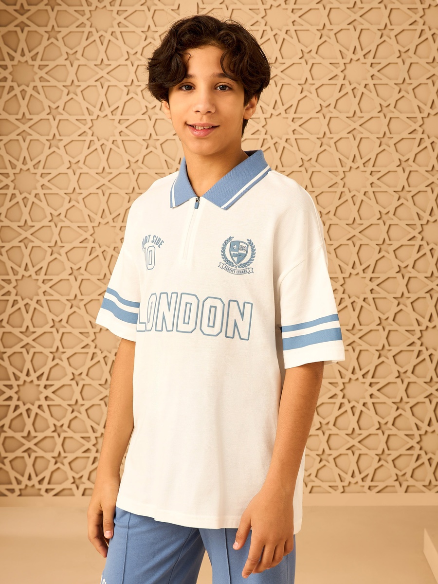Varsity Print Half-Zip Cotton Polo T-Shirt and Shorts Set
