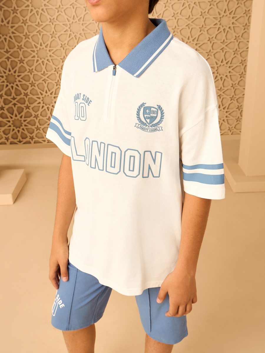 Varsity Print Half-Zip Cotton Polo T-Shirt and Shorts Set