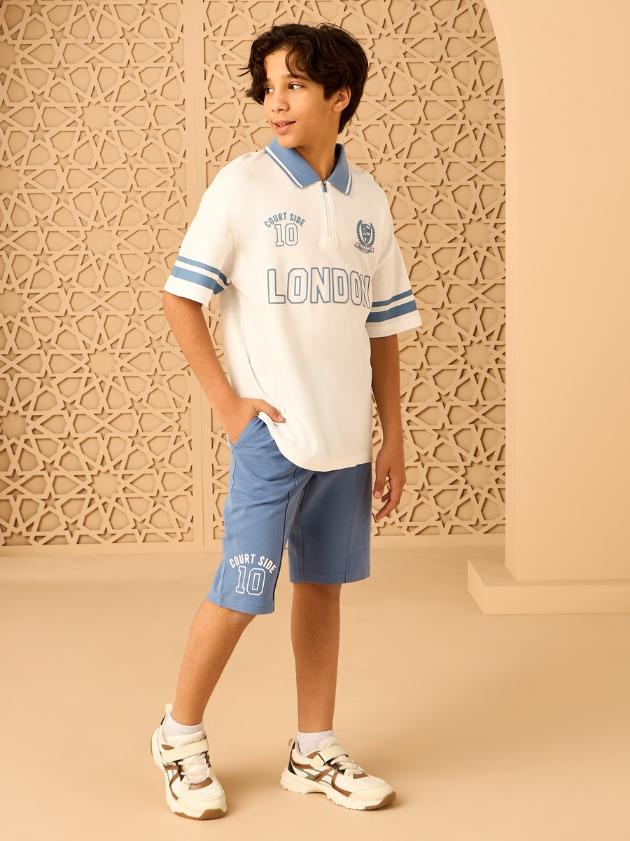 Varsity Print Half-Zip Cotton Polo T-Shirt and Shorts Set