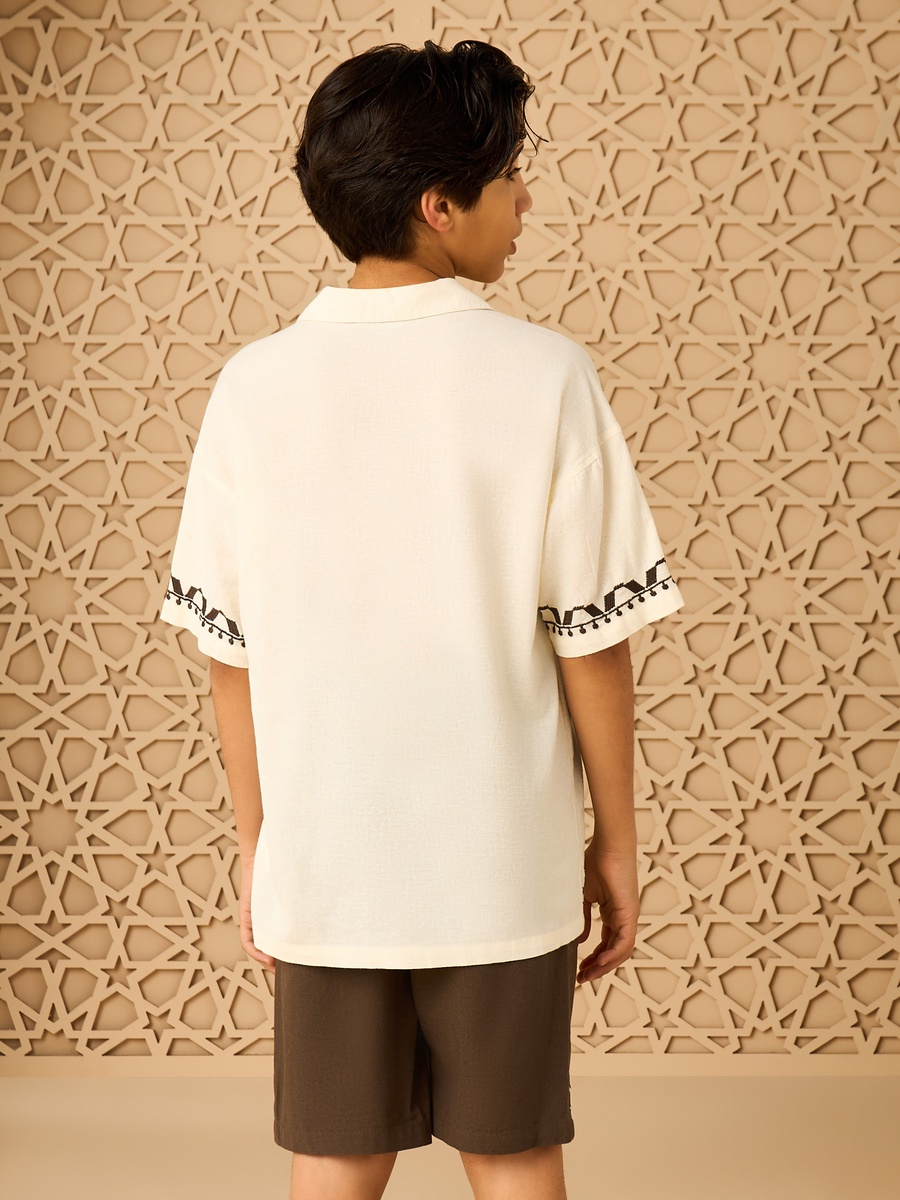 Placket Embroidered Linen Blend Shirt and Shorts Set