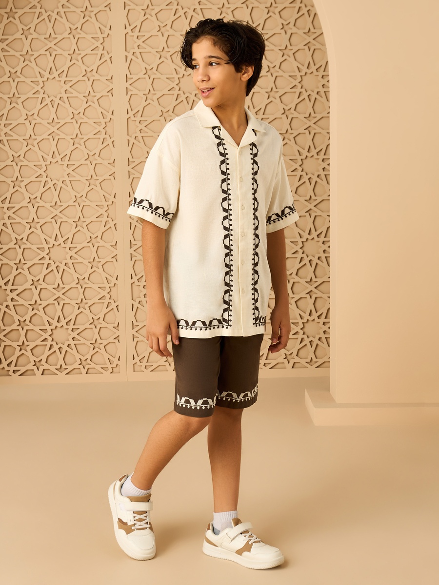 Placket Embroidered Linen Blend Shirt and Shorts Set
