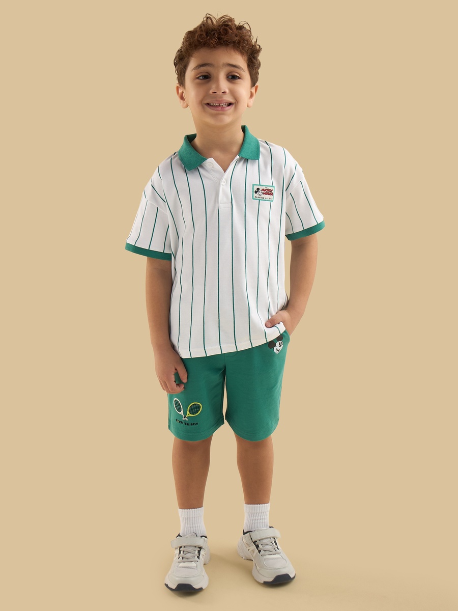 Mickey Mouse Print Polo T-Shirt and Shorts Set