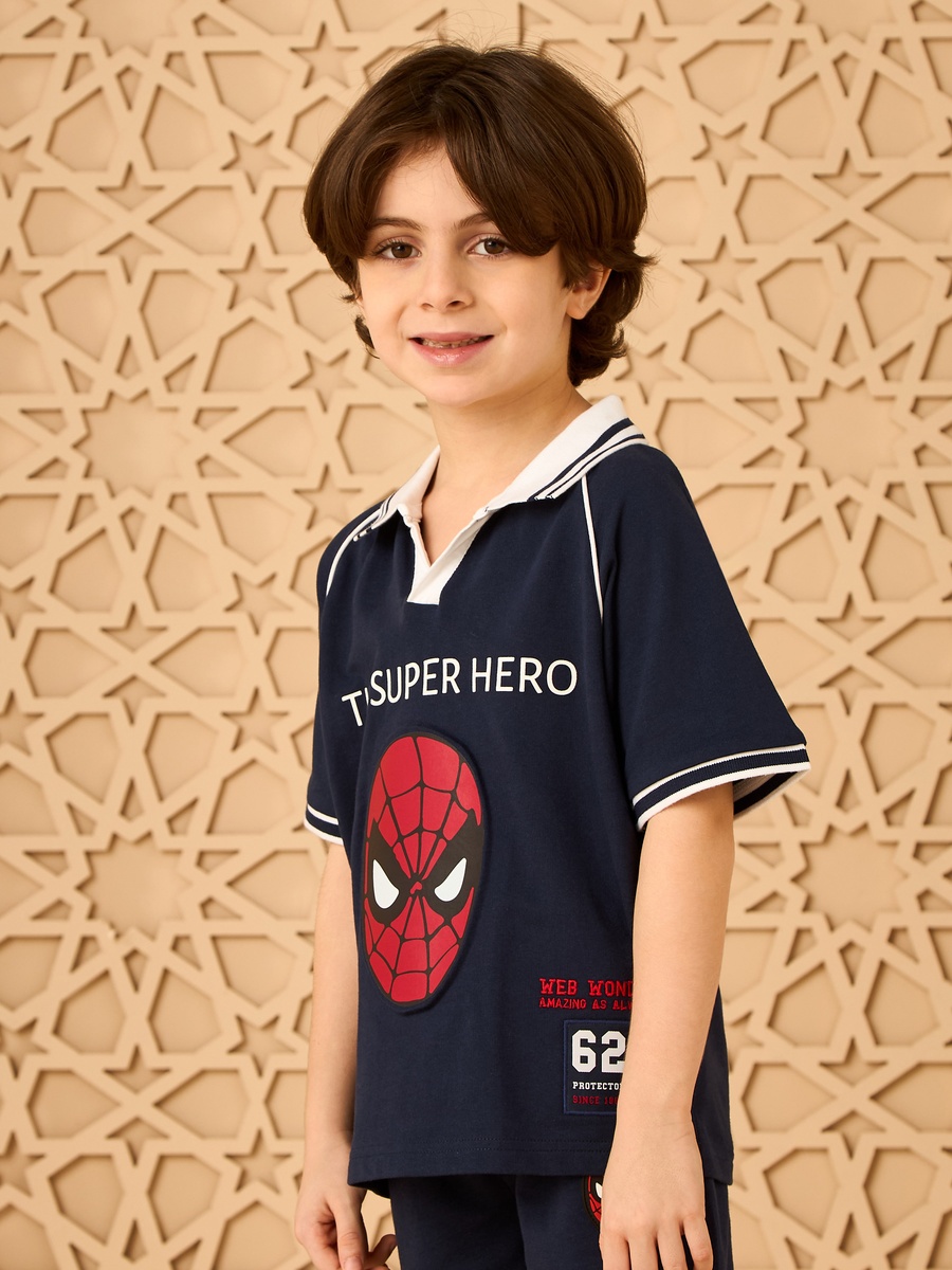 Spider-Man Applique Cotton Polo T-Shirt and Shorts Set