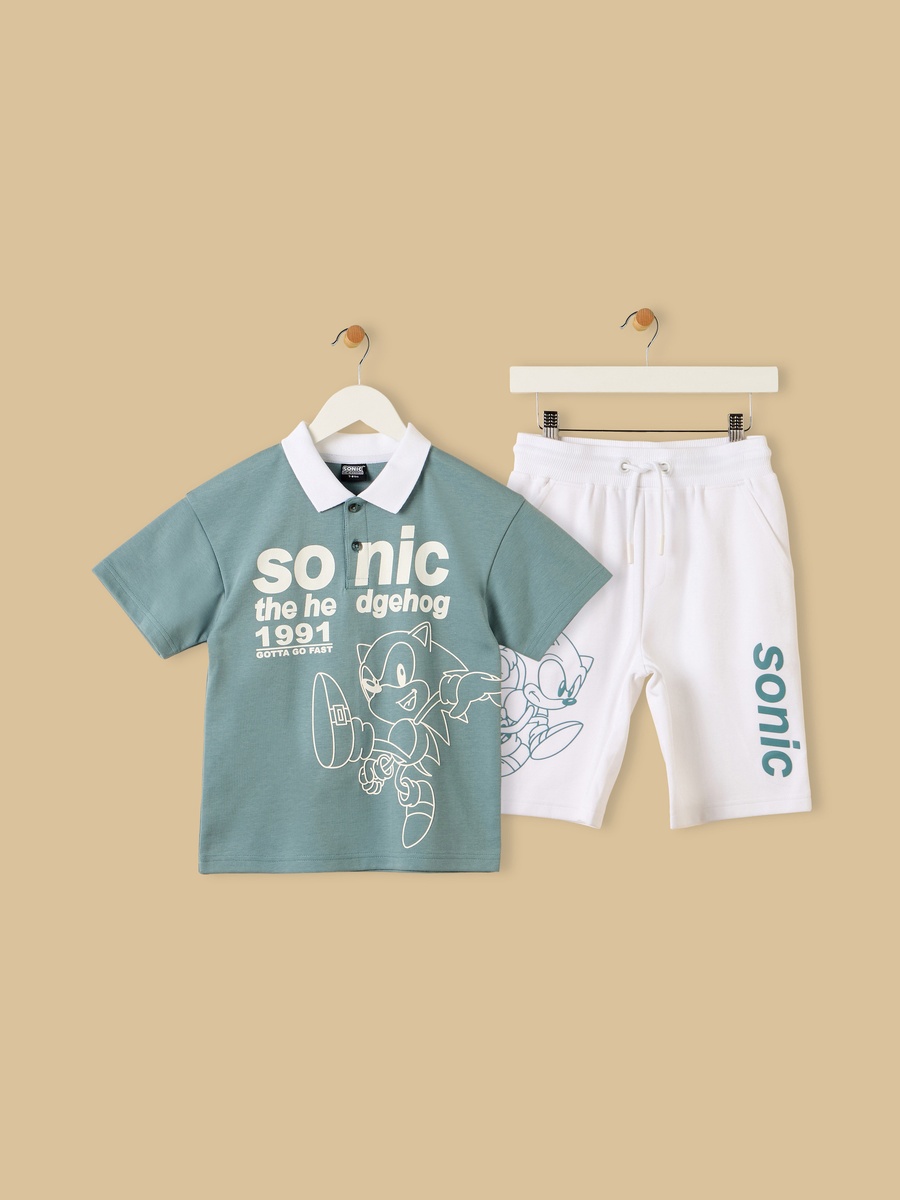Sonic Print Cotton Polo T-Shirt and Shorts Set