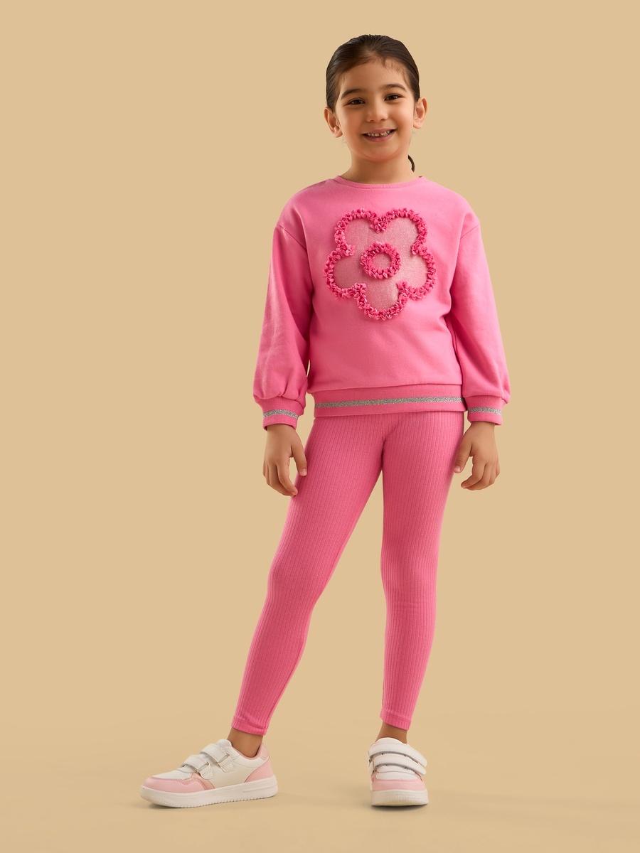 3D Floral Accent Glitter Print Sweatshirt and Ribbed Leggings