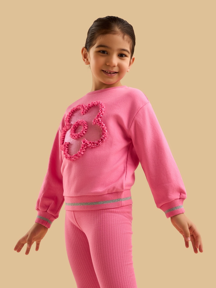 3D Floral Accent Glitter Print Sweatshirt and Ribbed Leggings