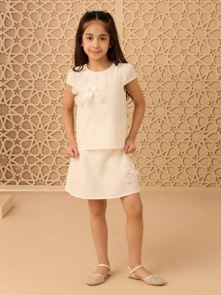 Floral Embellished Linen Top and Skirt Set