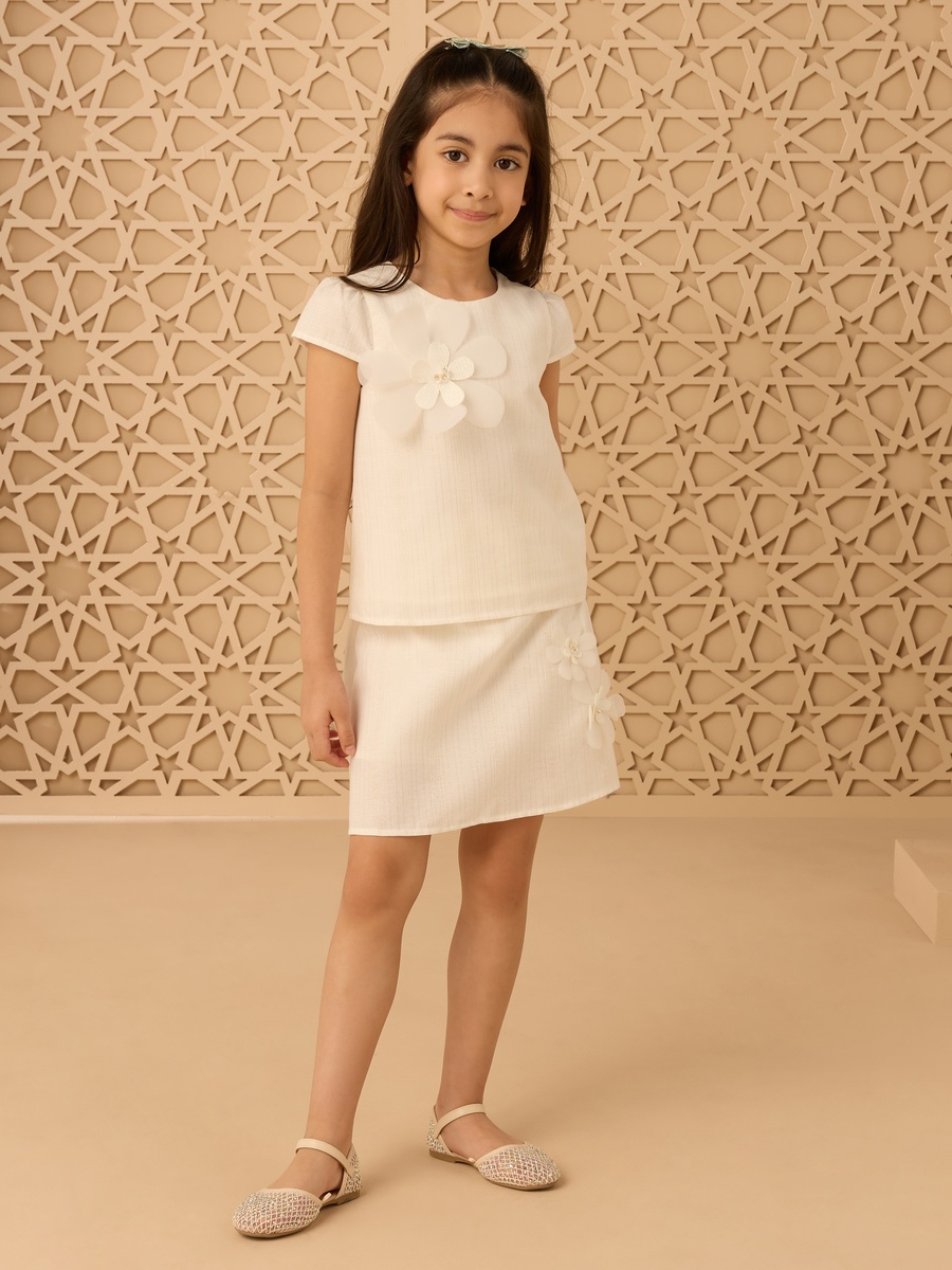Floral Embellished Linen Top and Skirt Set