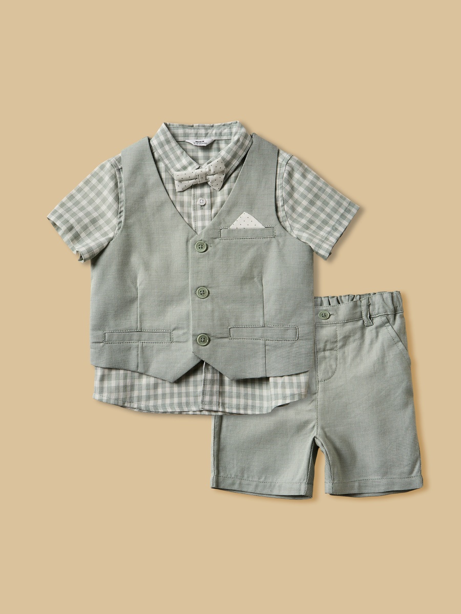 Checked Shirt With Textured Waistcoat And Short Set
