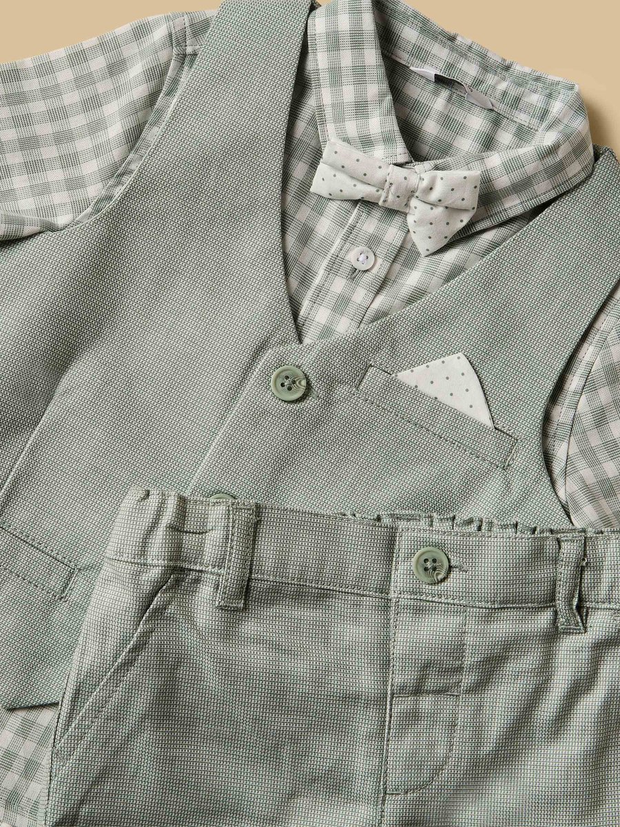 Checked Shirt With Textured Waistcoat And Short Set