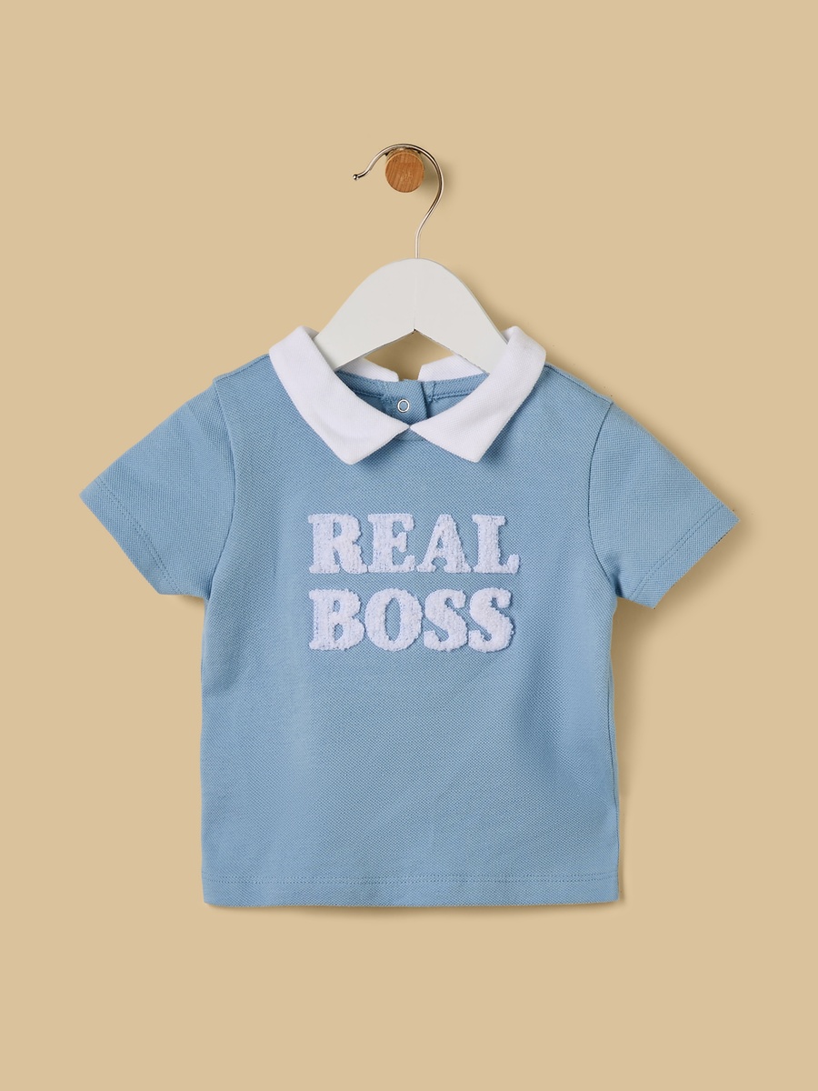 Typographic Applique Cotton Collared T-Shirt and Shorts Set