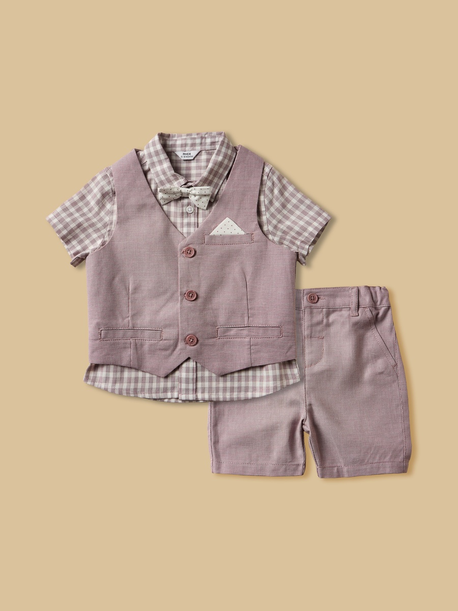 Checked Shirt With Textured Waistcoat And Short Set