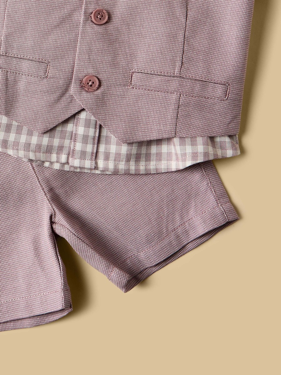 Checked Shirt With Textured Waistcoat And Short Set