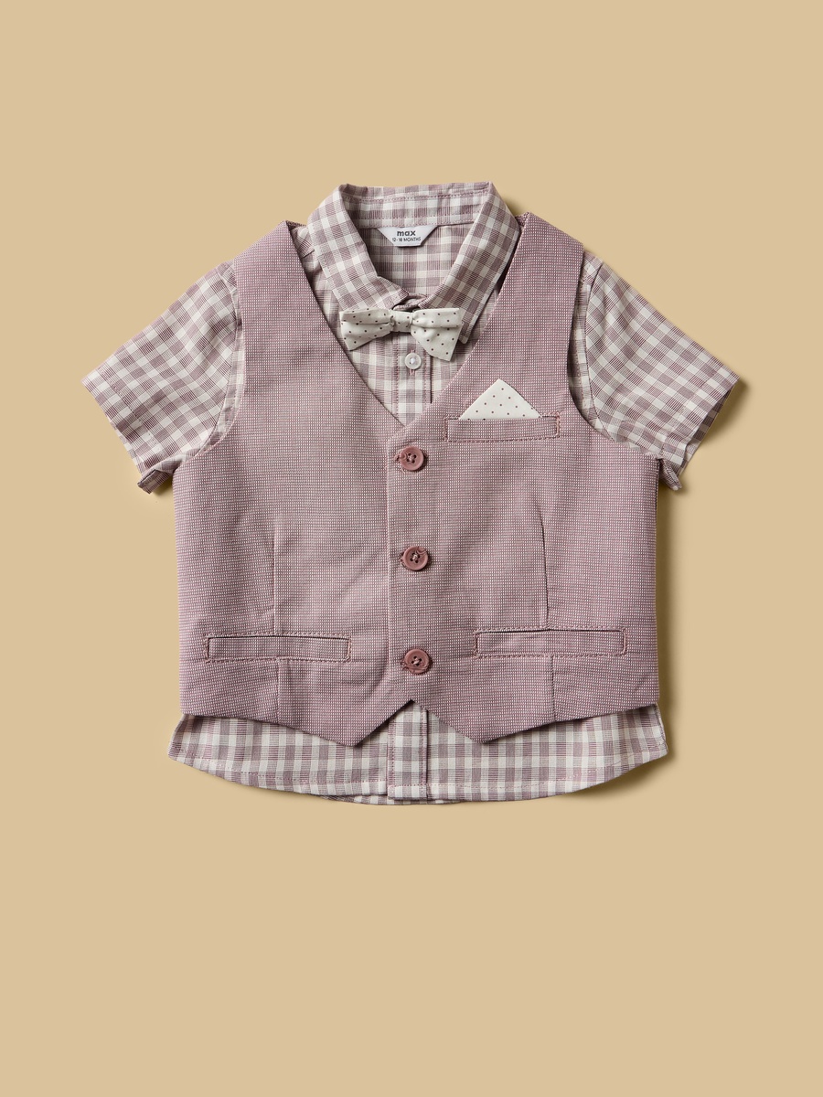 Checked Shirt With Textured Waistcoat And Short Set