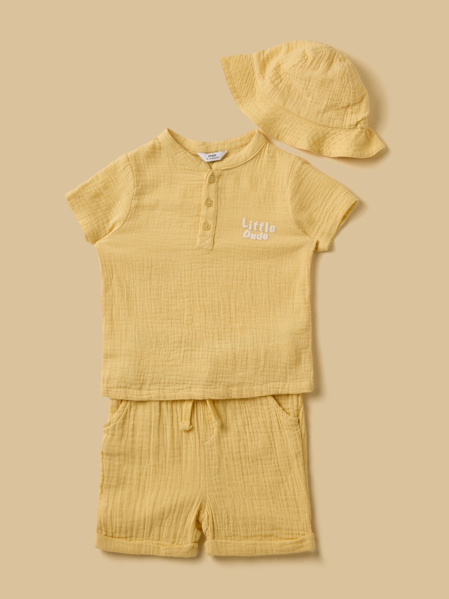 Textured Double Gauze Shirt with Shorts and Cap