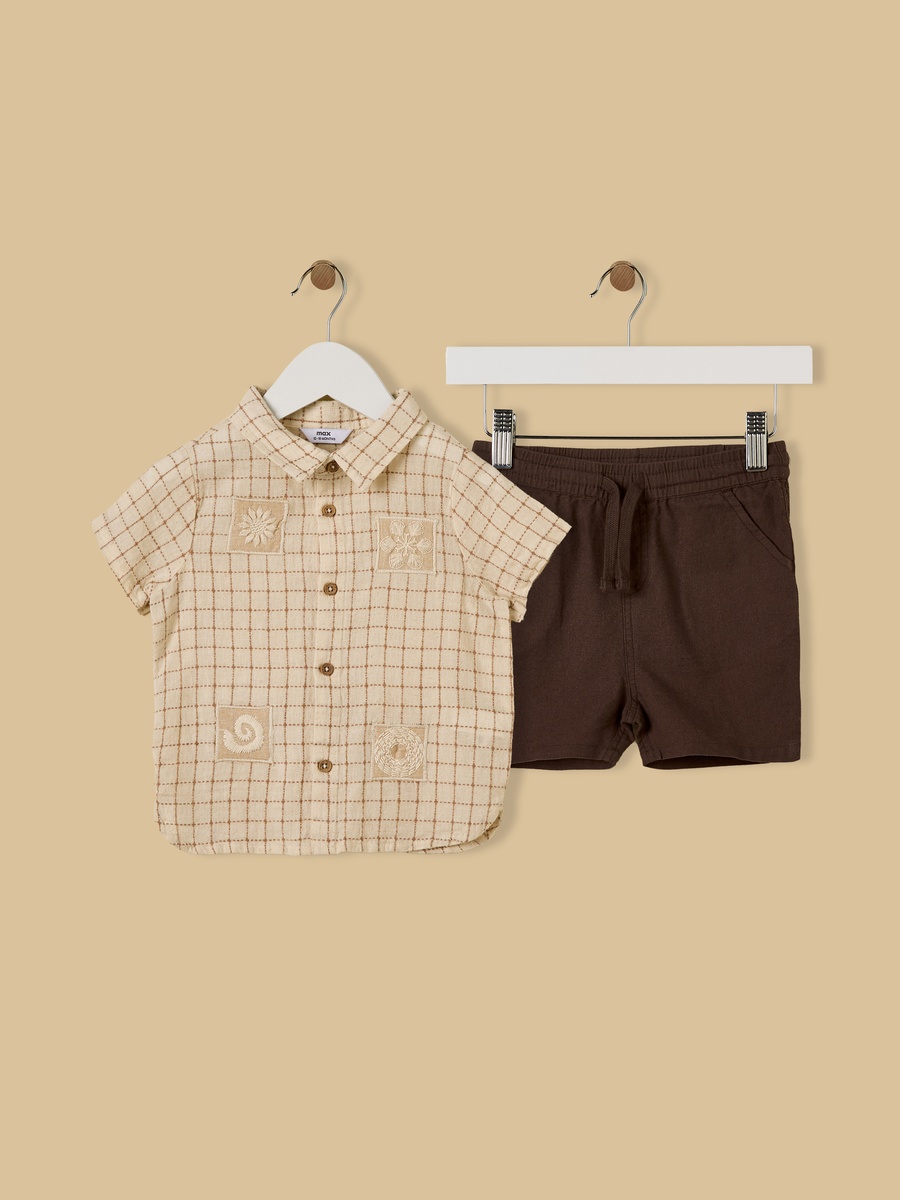 Embroidered Applique Checked Shirt and Shorts Set