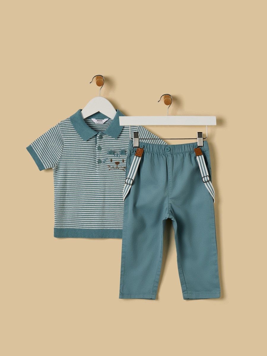 Striped Polo T-Shirt with Pants and Suspenders