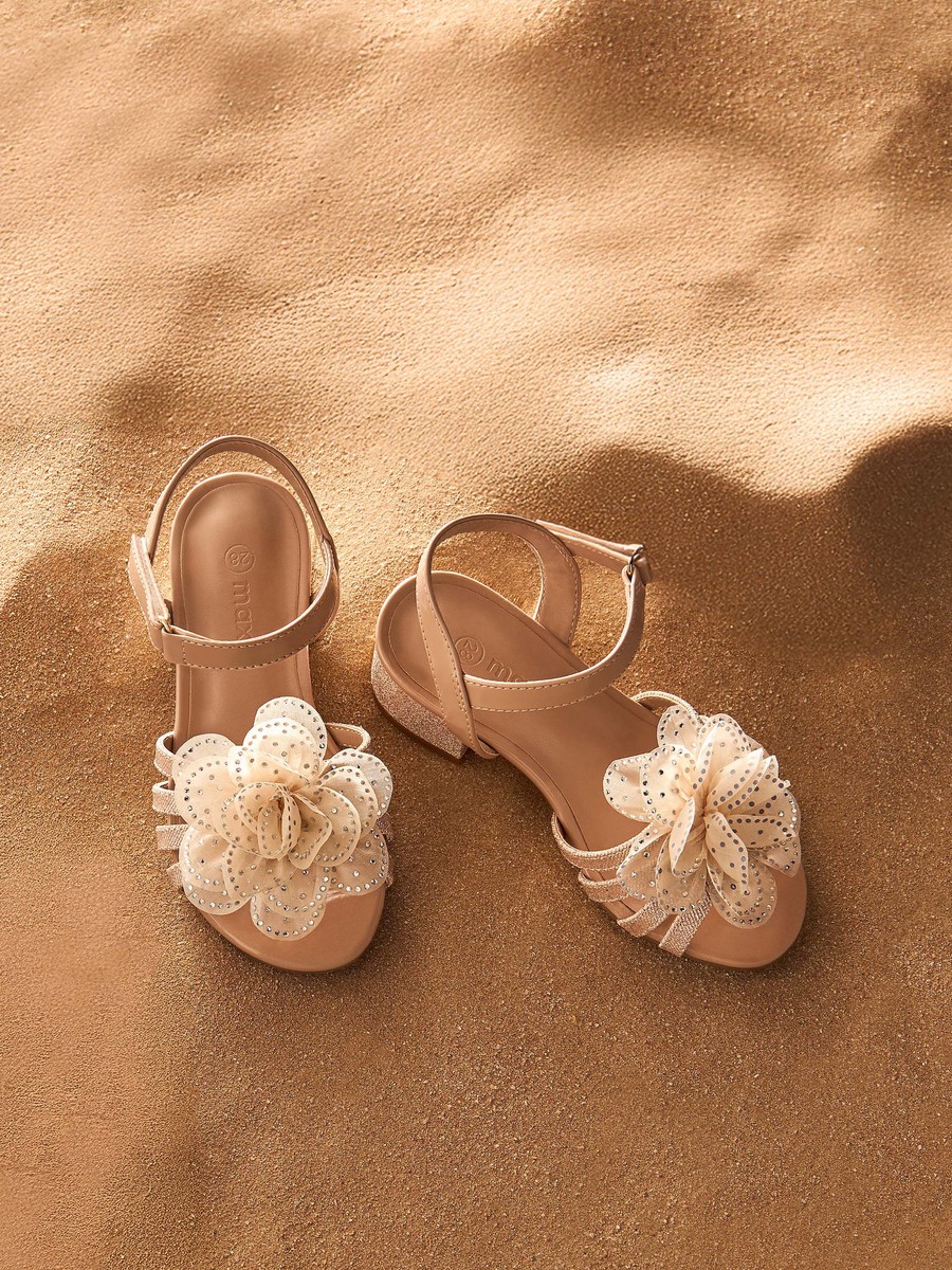 Flower Accent Block Heel Sandals with Hook and Loop Closure