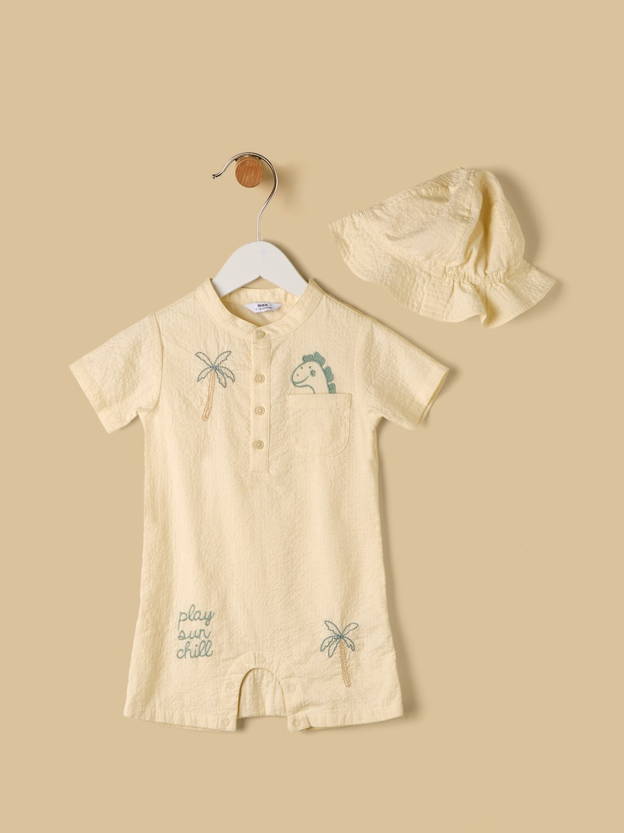 Embroidered Cotton Romper with Cap
