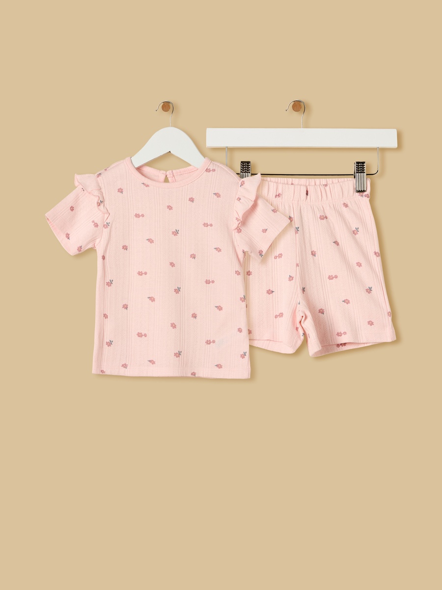 Floral Print Pointelle Cotton Shorts Set