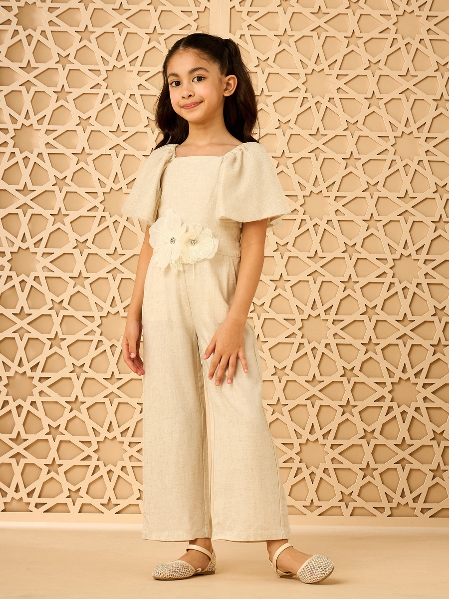 Linen Blend Jumpsuit with 3D Corsage Detail