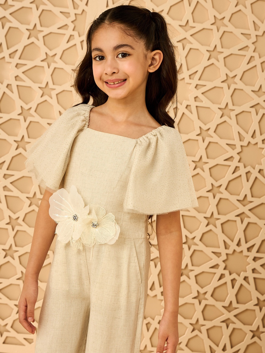 Linen Blend Jumpsuit with 3D Corsage Detail