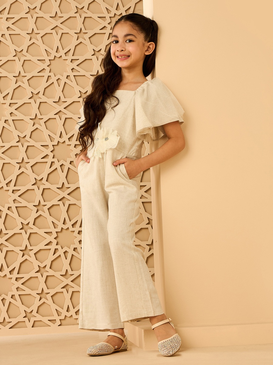 Linen Blend Jumpsuit with 3D Corsage Detail