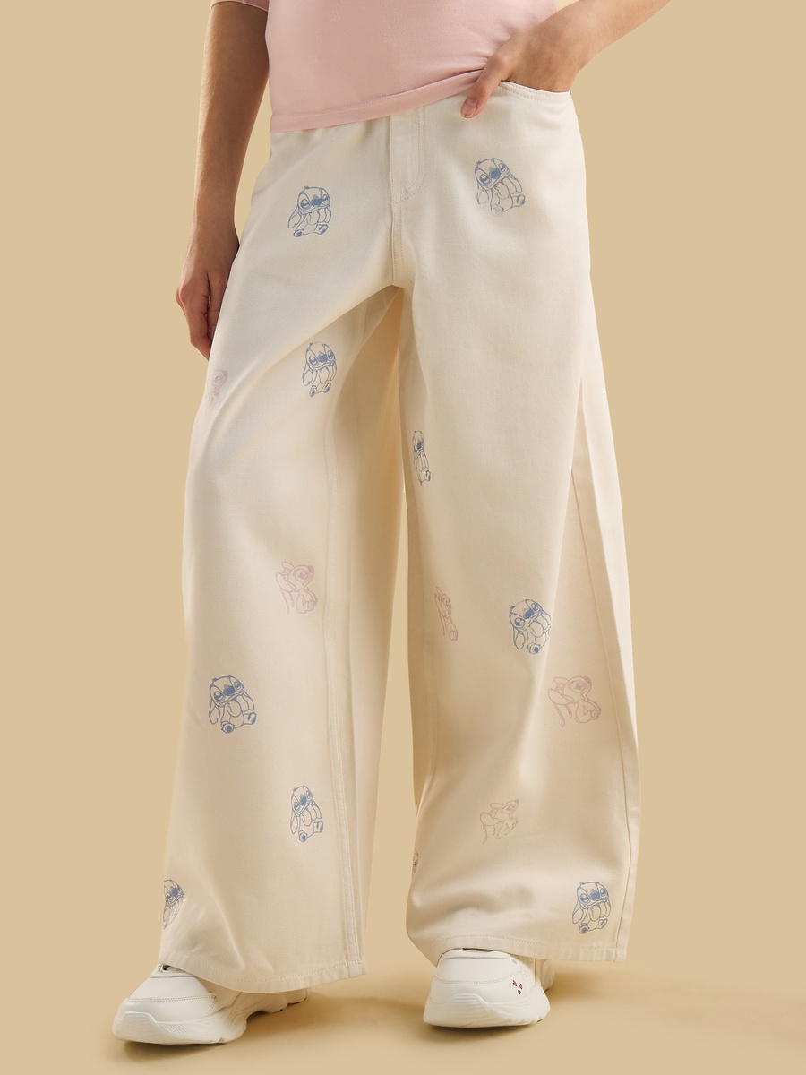 Stitch and Angel Print Wide Leg Jeans