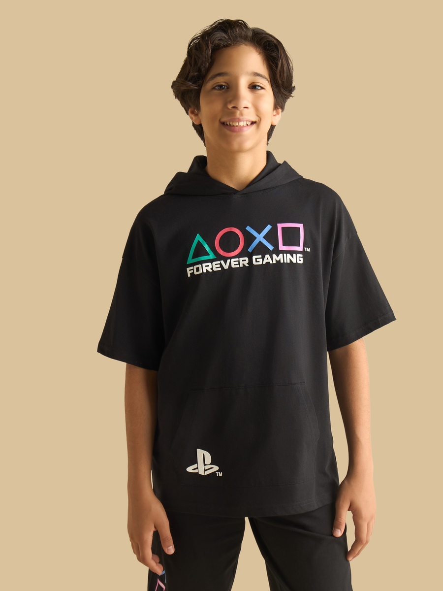 Playstation Print Hooded Cotton T-Shirt