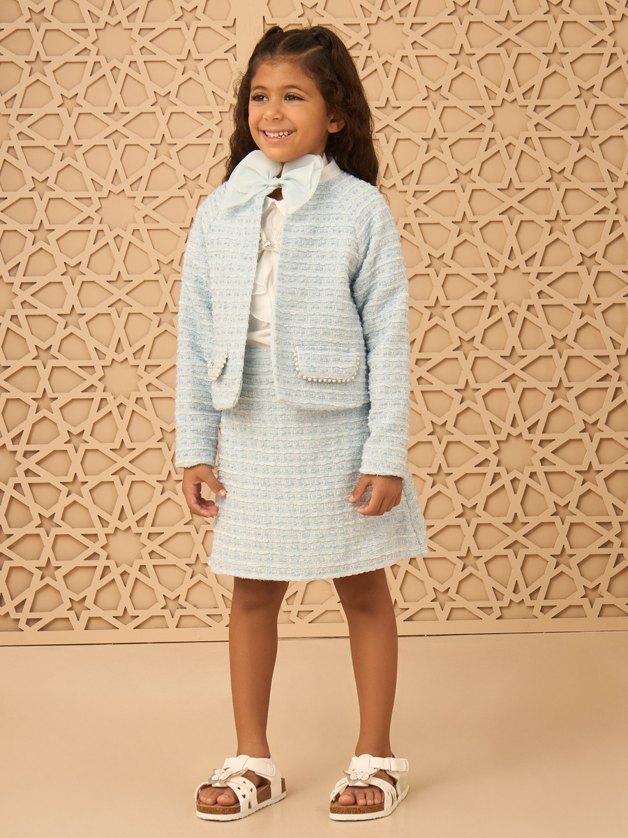 Pearl Embellished Tweed Jacket with Bow Tie
